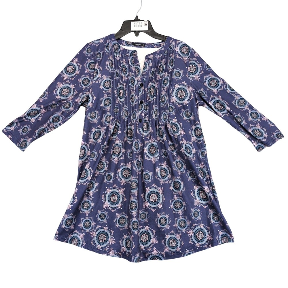 Reborn Mystic Evil Eye Print Tunic Blouse Womens S Purple Pleated Stretch Top